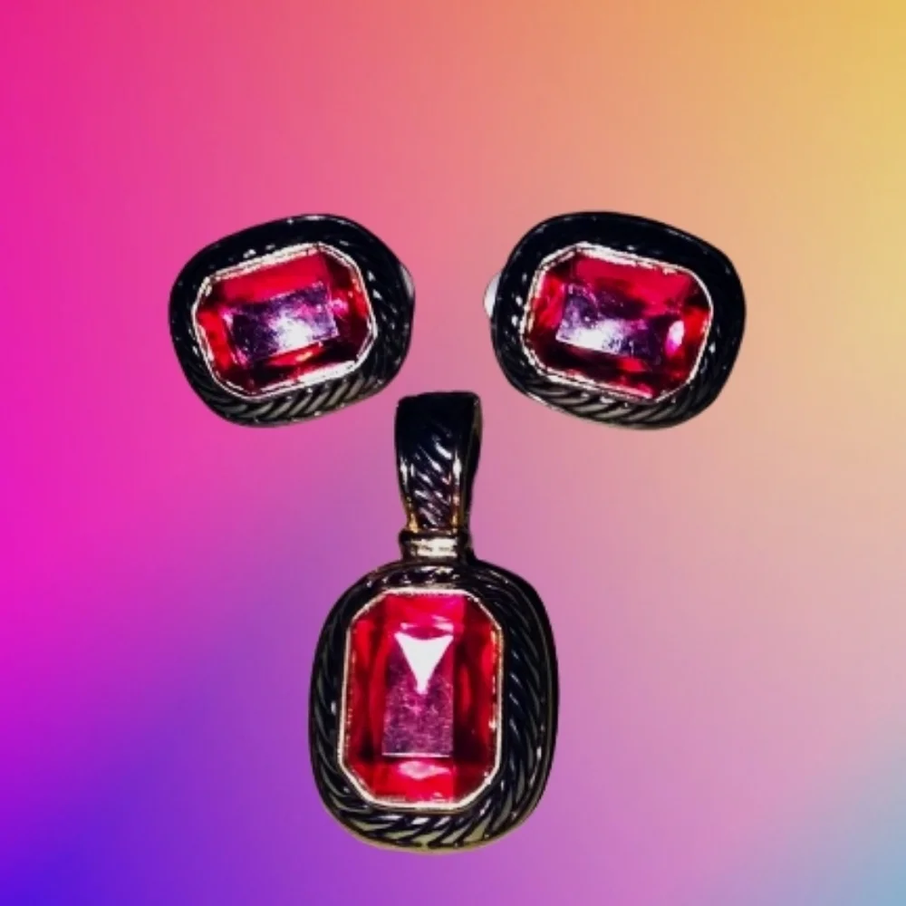 📣 Classic Y2K Fushia💖 Two Tone Gold Rope FASHION Set CLIP Earrings Pendant 😍